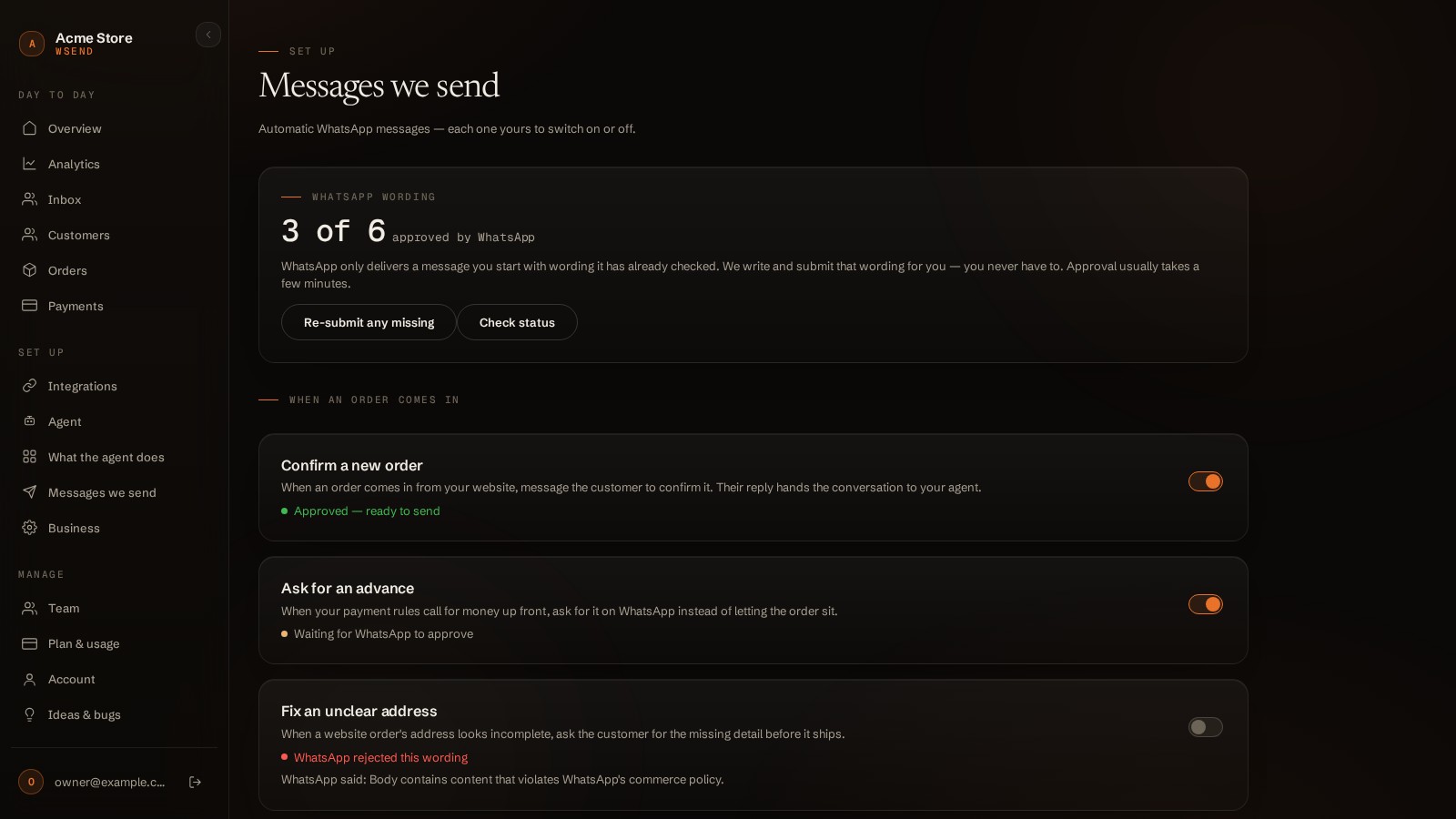 The Messages we send page: template approval meter and automation switches with per-row WhatsApp approval states