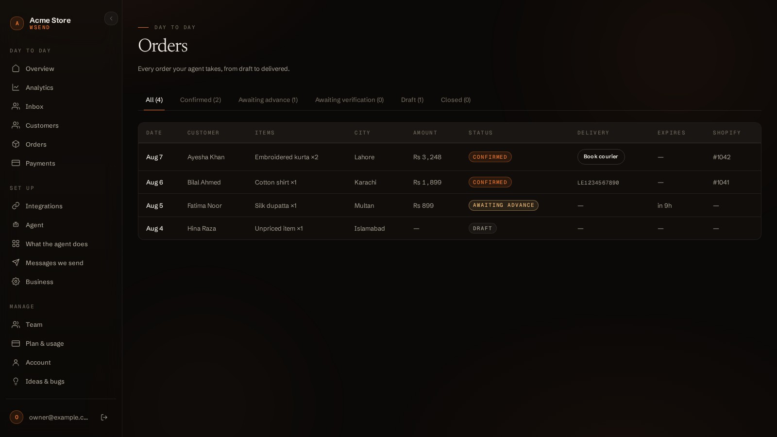 The Orders page: status tabs, a table of orders with amounts, statuses, delivery actions and Shopify order numbers