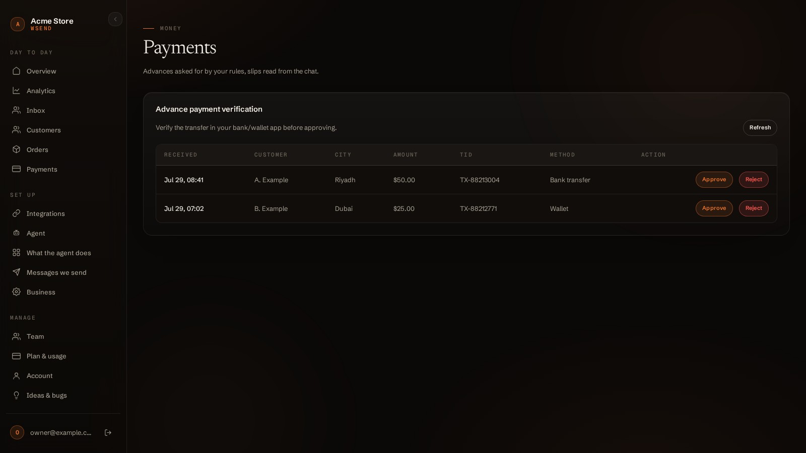 The Payments page with the advance verification queue: received time, customer, amount, transaction id, method, approve and reject buttons